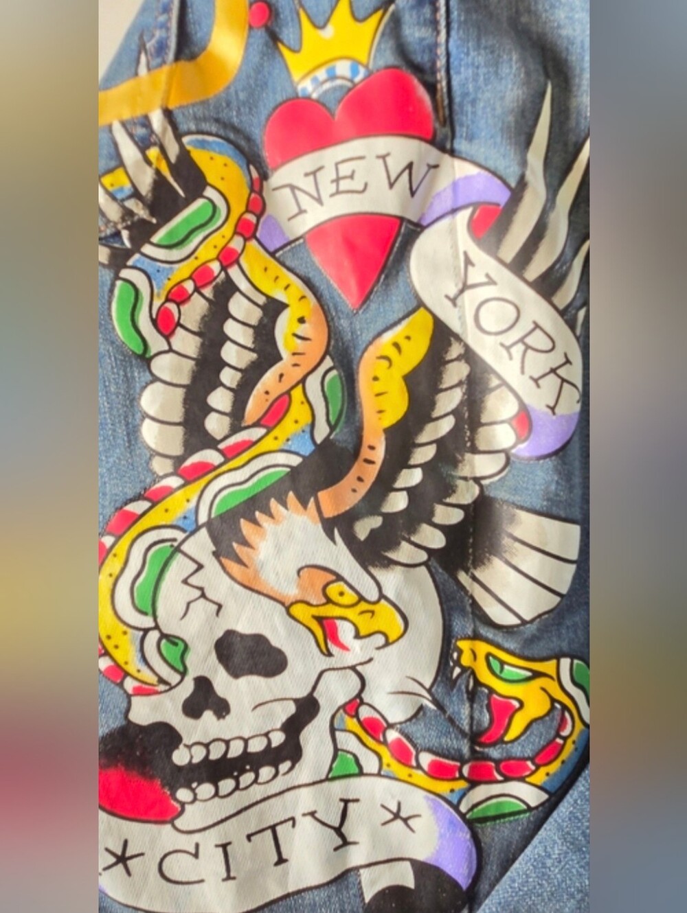 Ed Hardy Y2K Style Denim Jumpsuit XL NYC Skull Snake Tattoo Patch 1 Piece Flare